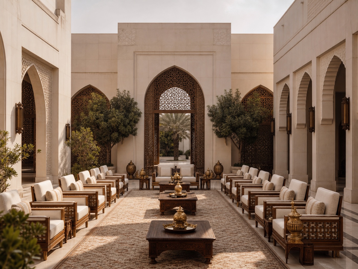 A formal Gulf courtyard prepared for a seated council