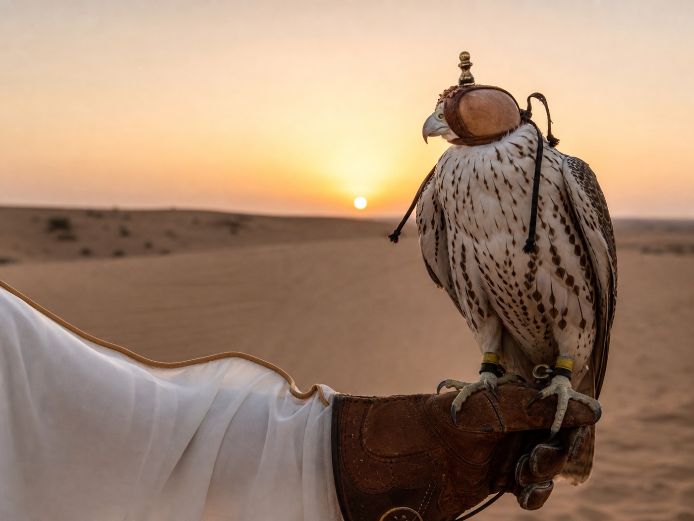 A hooded falcon resting on a traditional glove in the desert